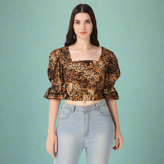 animal print puff sleeve top