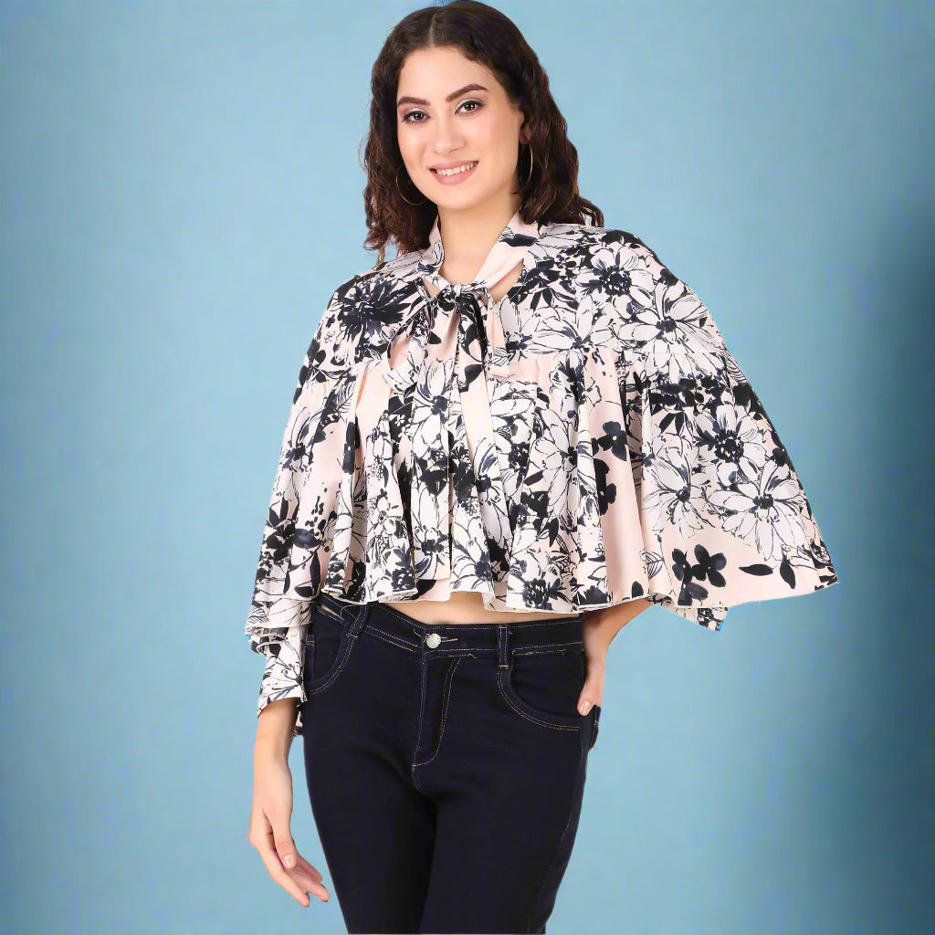 cape top for women floral black and white
