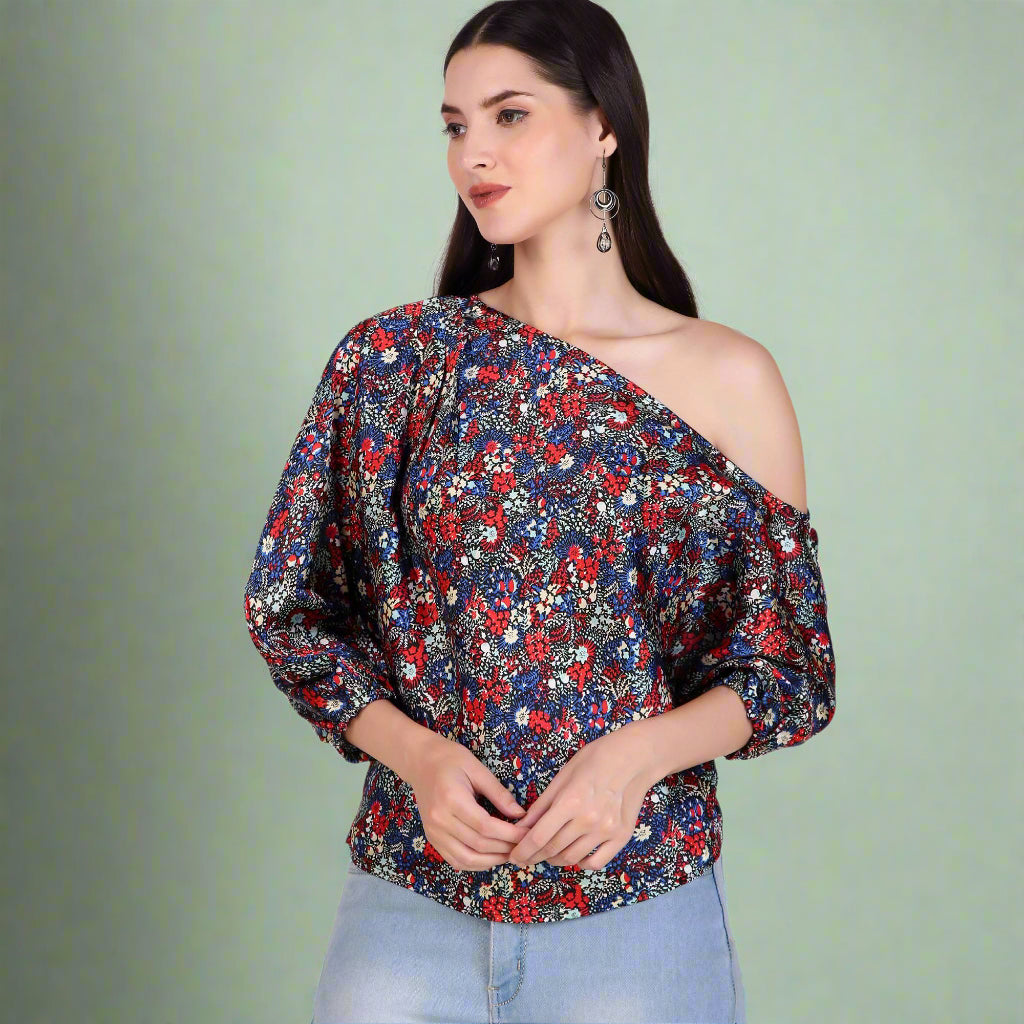 one shoulder floral print top