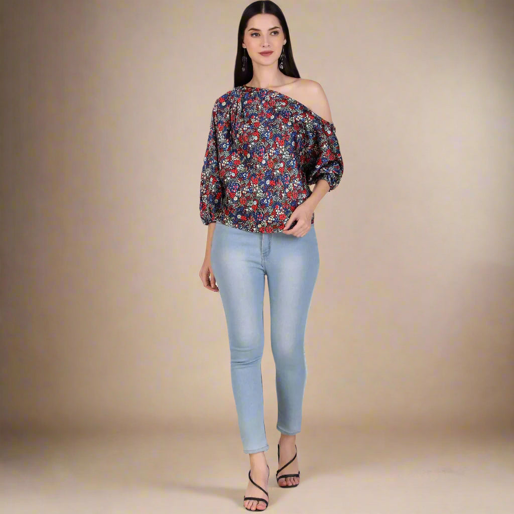 one shoulder floral print top