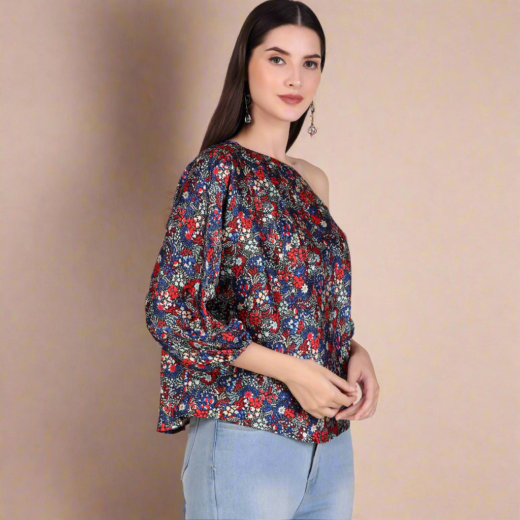 one shoulder floral print top