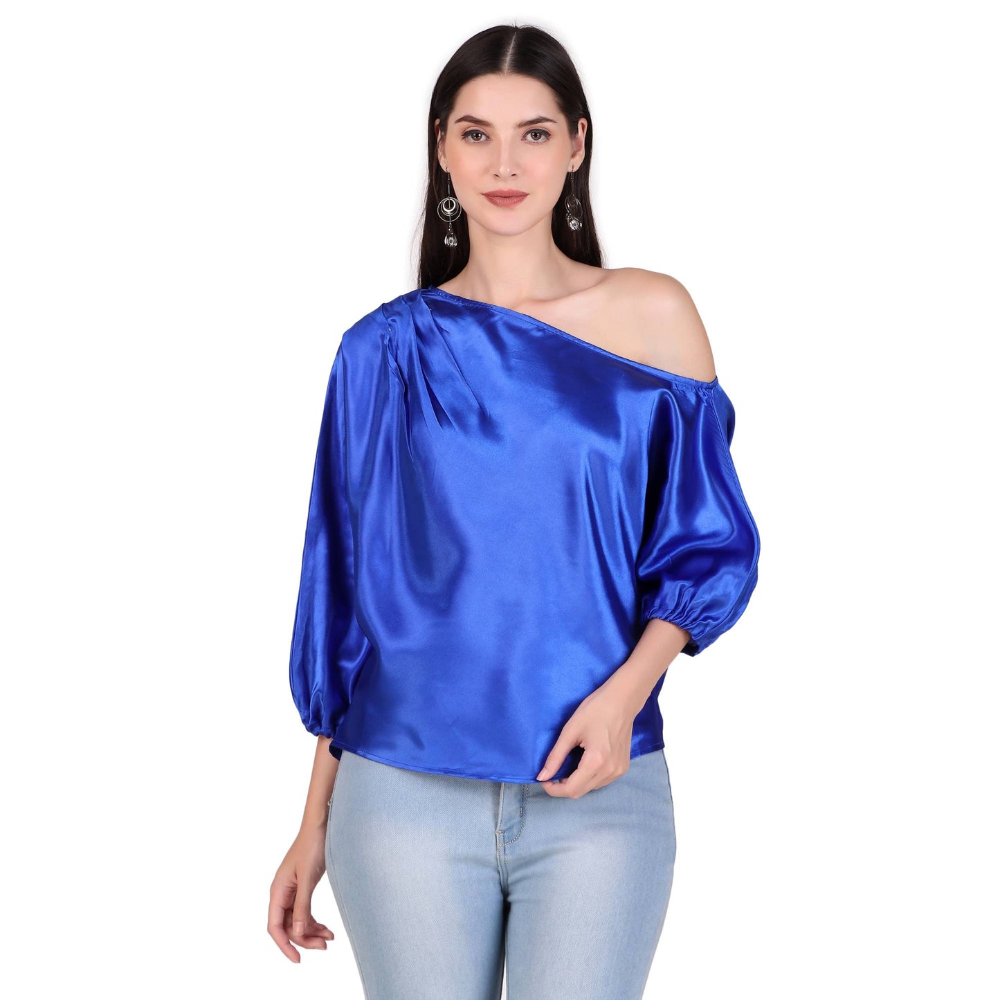 satin one shoulder blue tops for women
