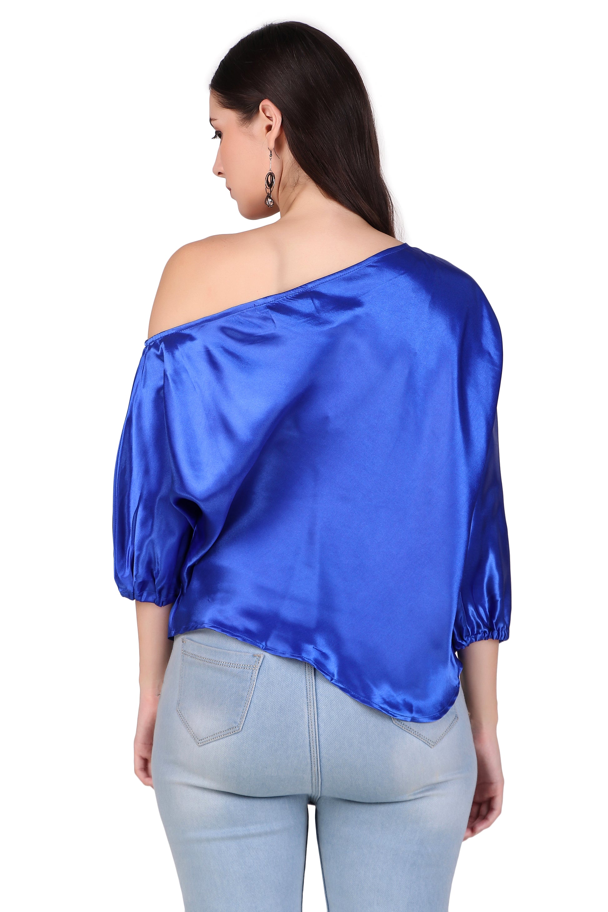 satin one shoulder blue tops for women
