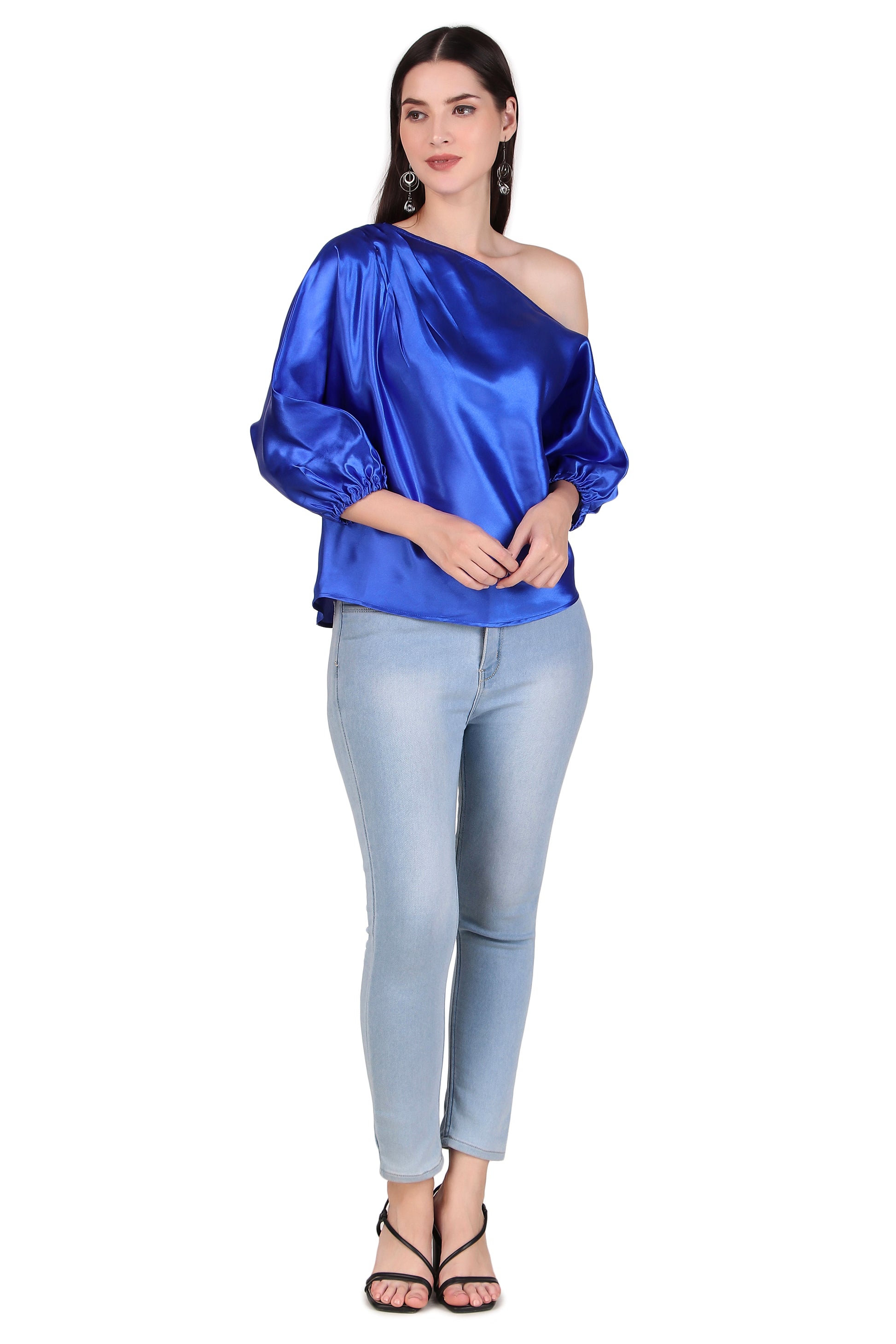satin one shoulder blue tops for women
