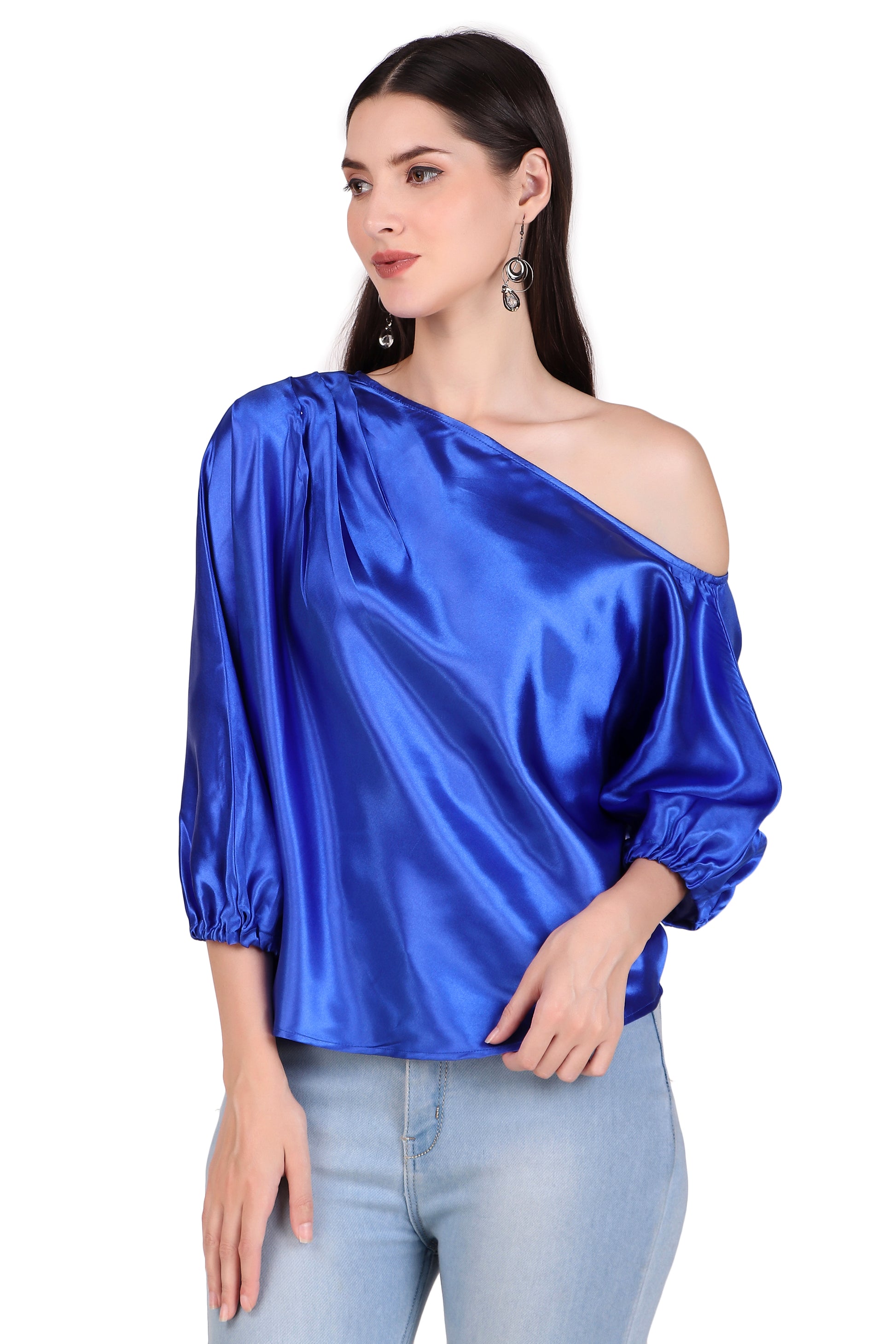 satin one shoulder blue tops for women
