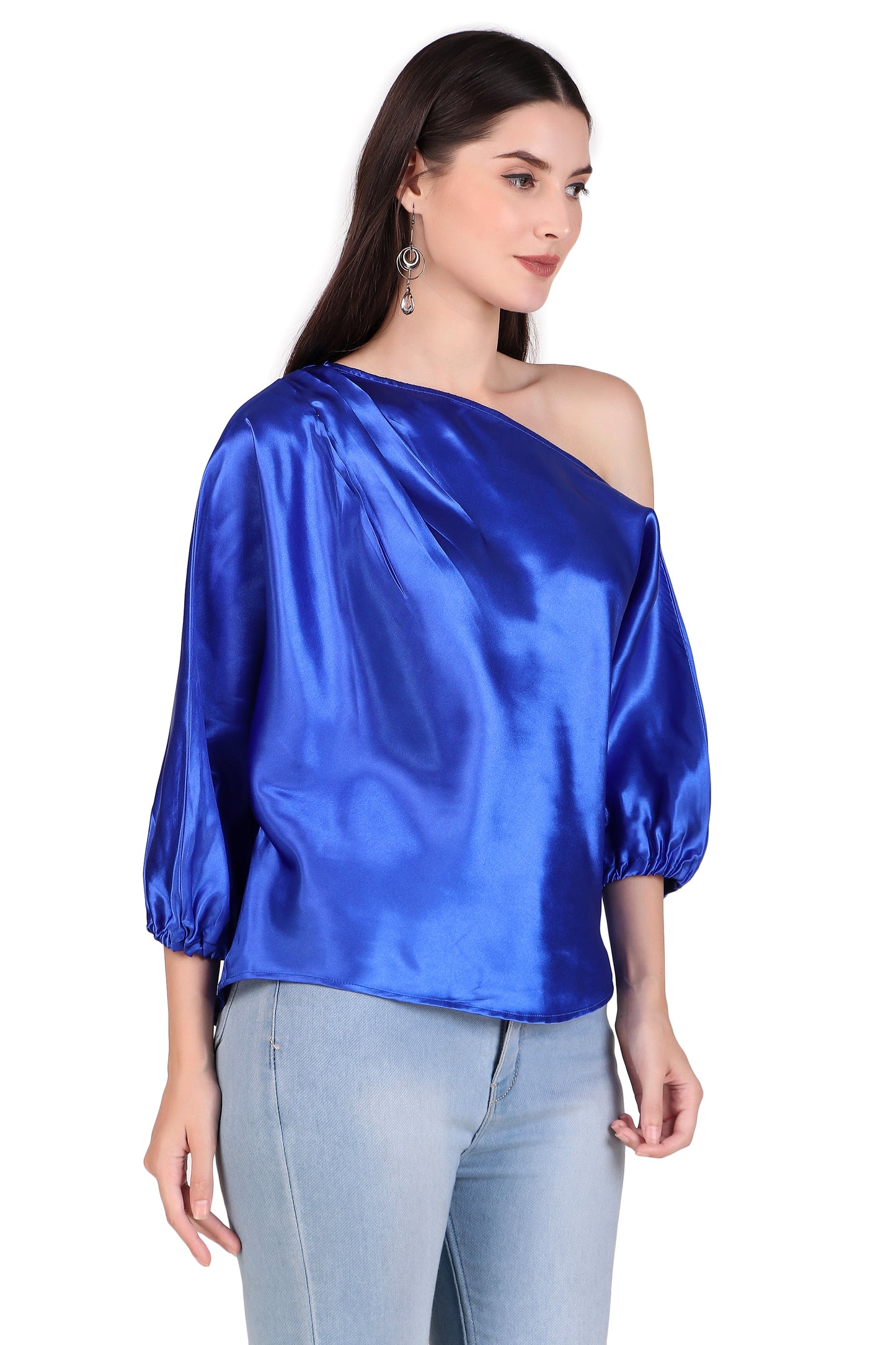 satin one shoulder blue tops for women
