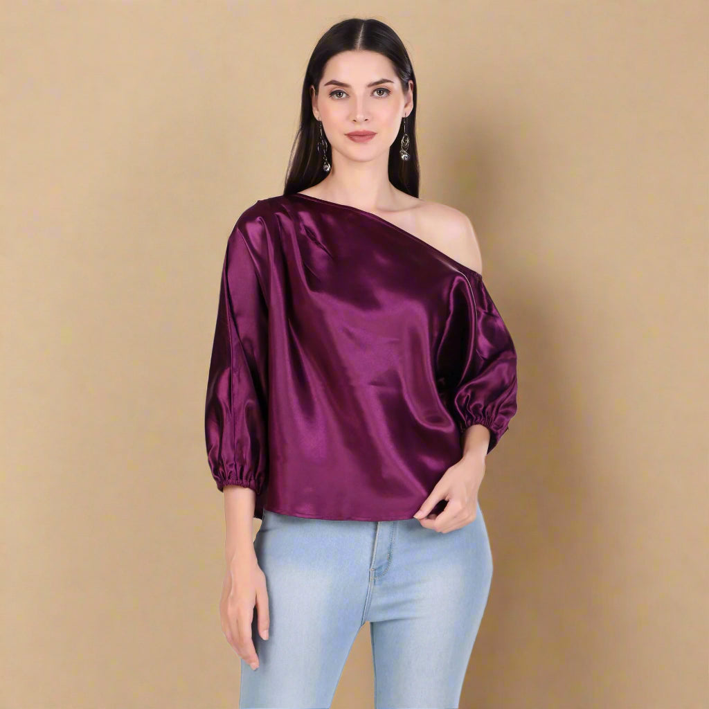 satin one shoulder purple top for women
