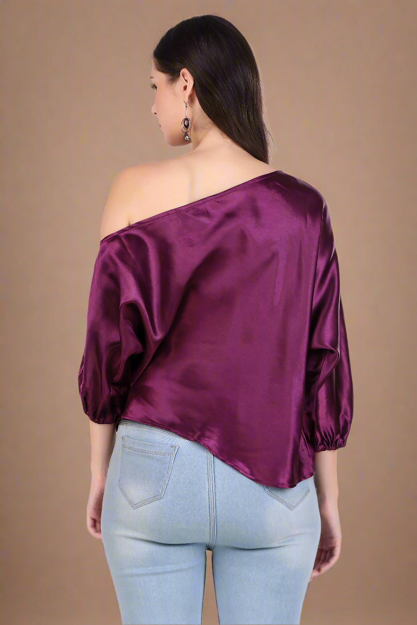 satin one shoulder purple top for women
