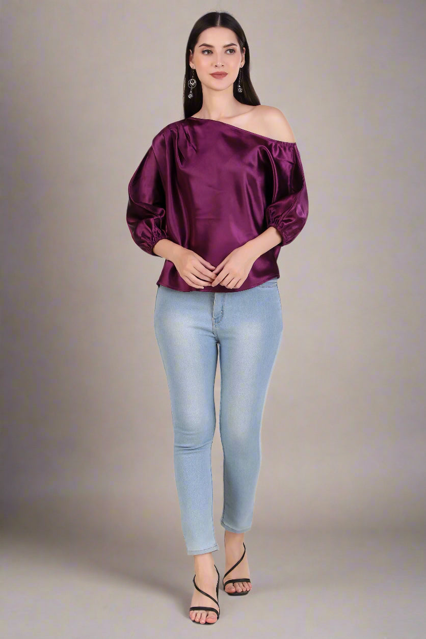 satin one shoulder purple top for women
