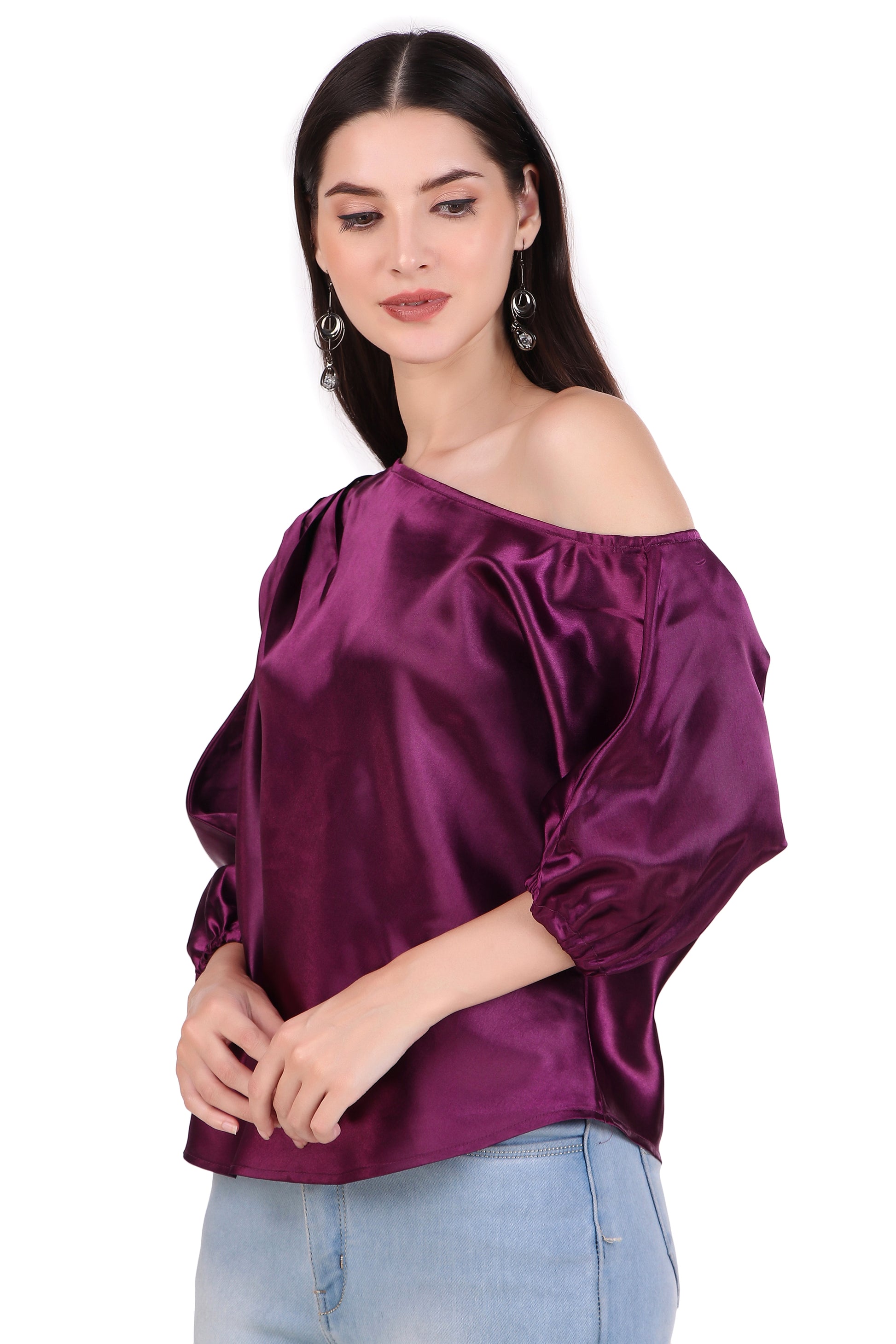 satin one shoulder purple top for women

